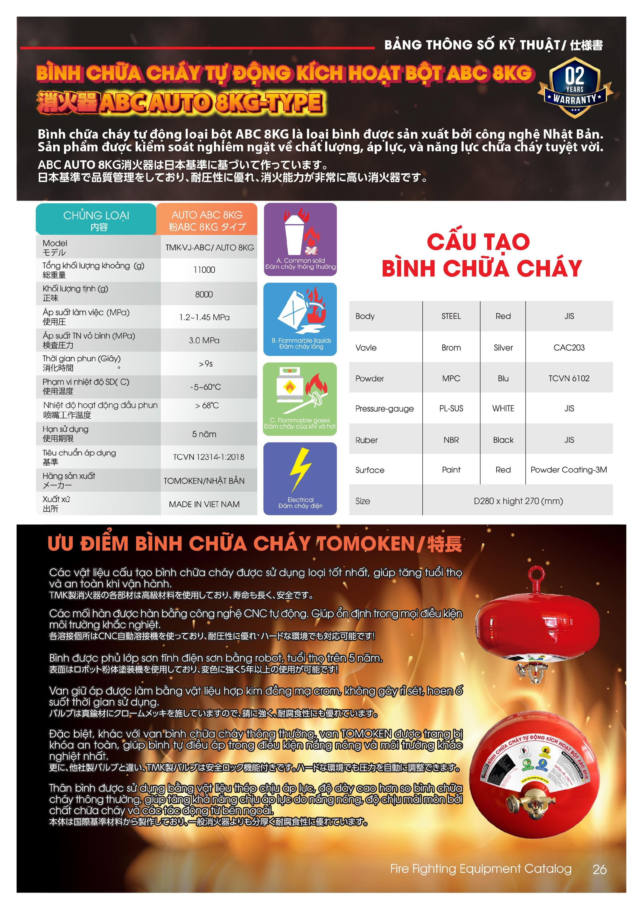 Bình chữa cháy cầu tự động Tomoken bột ABC 8kg